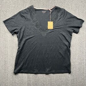 Boden T-Shirt Women Large Grey Linen Lace V-Neck Short Sleeve Top T1863